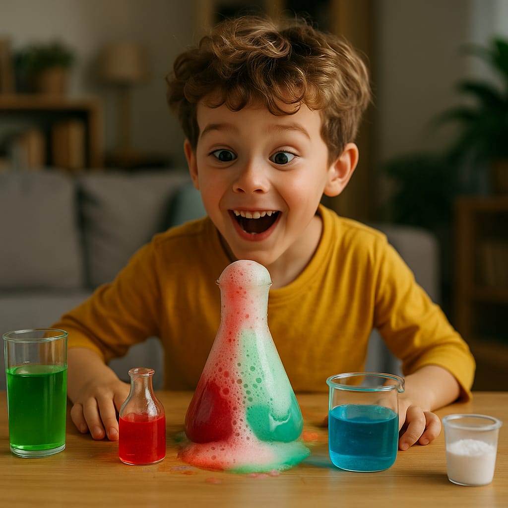 Ateliers scientifiques simples pour enfants (expériences à la maison) Enfant qui observe une expérience scientifique colorée à la maison, émerveillé par une réaction de vinaigre et de bicarbonate.