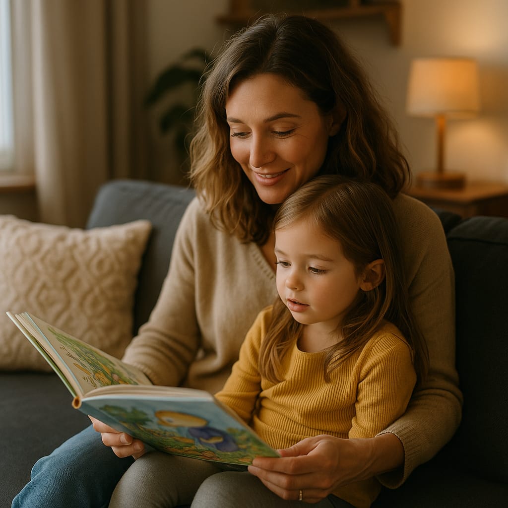 Comment choisir des livres et supports éducatifs selon l’âge Une mère lit un livre illustré à sa fille dans un salon chaleureux, moment de complicité éducative.