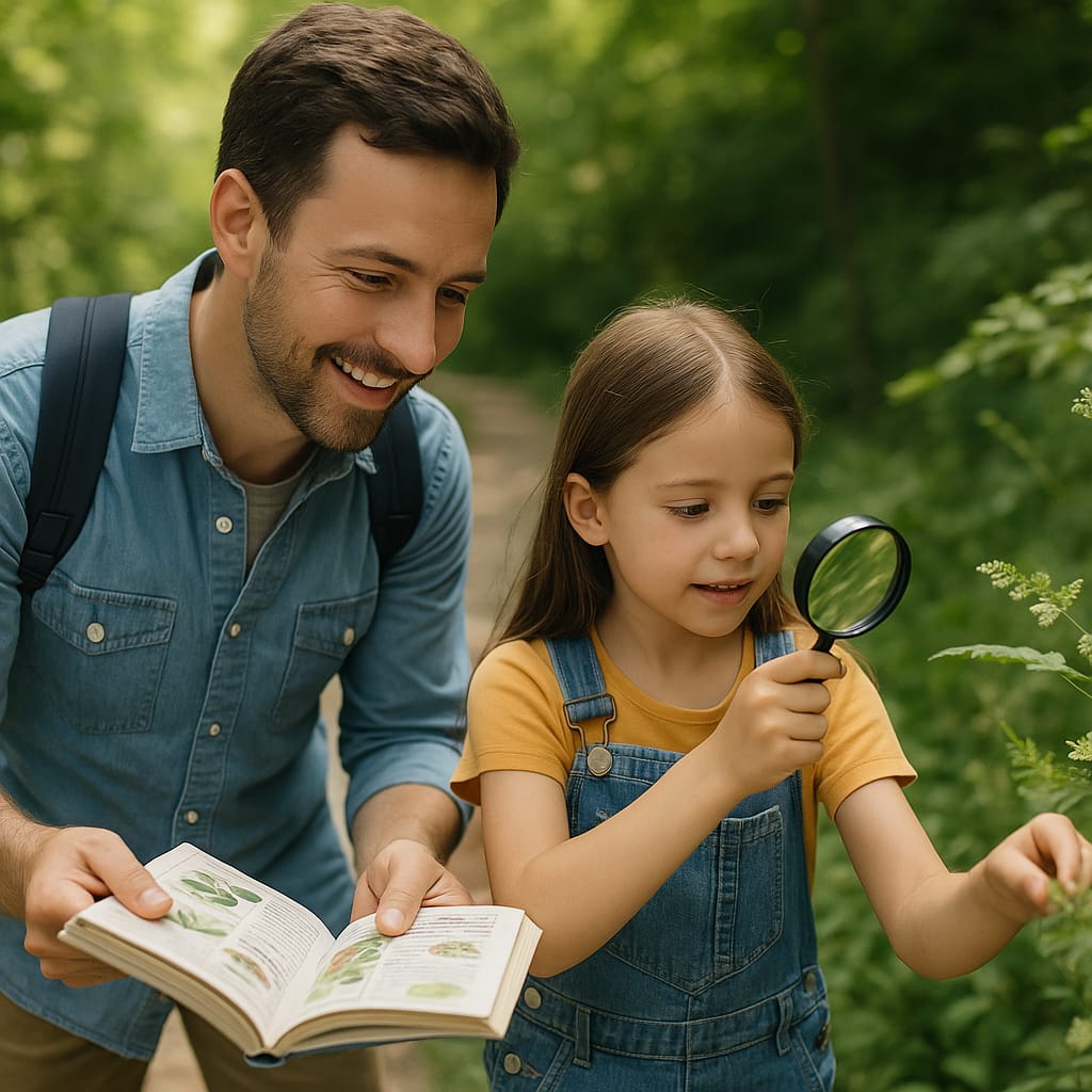 Idées de sorties familiales qui allient jeu et apprentissage (musées, nature, ateliers) Parent et enfant en sortie éducative, observant la nature ou découvrant une activité pédagogique