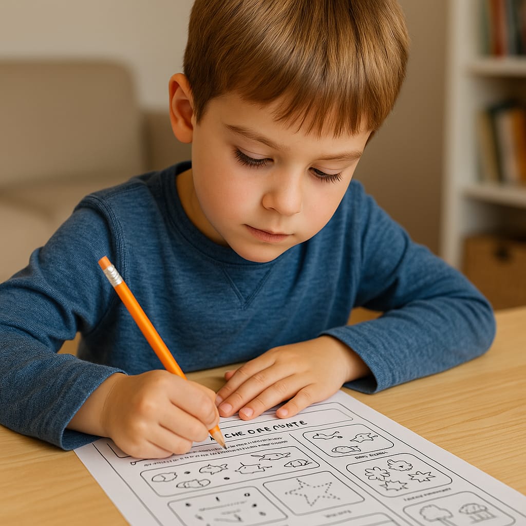 Ressources gratuites à télécharger : fiches d’activités éducatives Enfant concentré en train de remplir une fiche éducative imprimée à la maison