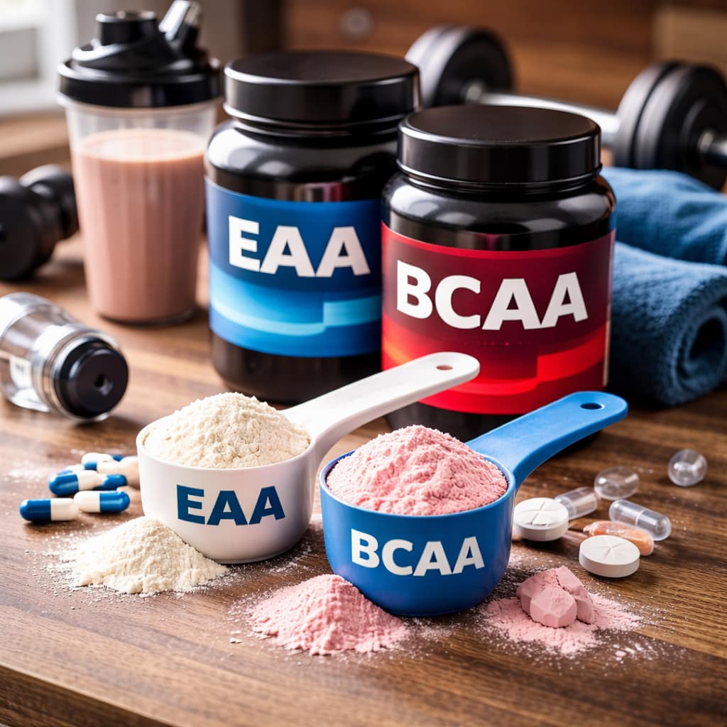 BCAA et EAA : différences, utilité réelle et erreurs fréquentes en musculation et sport Cuillère de poudre d’acides aminés à côté d’un shaker et d’un carnet d’entraînement, illustrant BCAA et EAA en supplémentation sportive sans texte sur l’image.