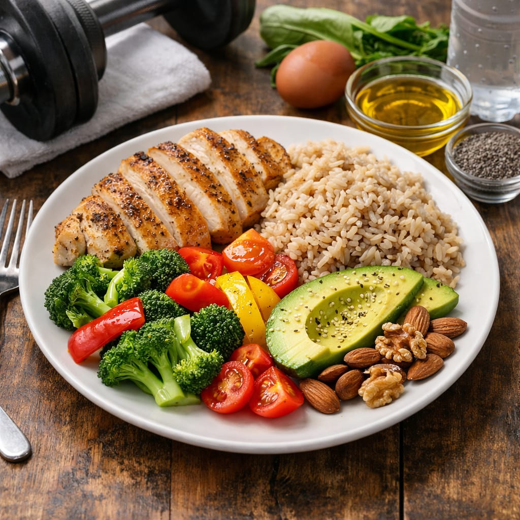 Macros et micros : équilibrer protéines, glucides et lipides pour progresser en sport Photo réaliste d’une assiette équilibrée “sport” (protéine + féculent + légumes + bon gras), style naturel, sans texte.