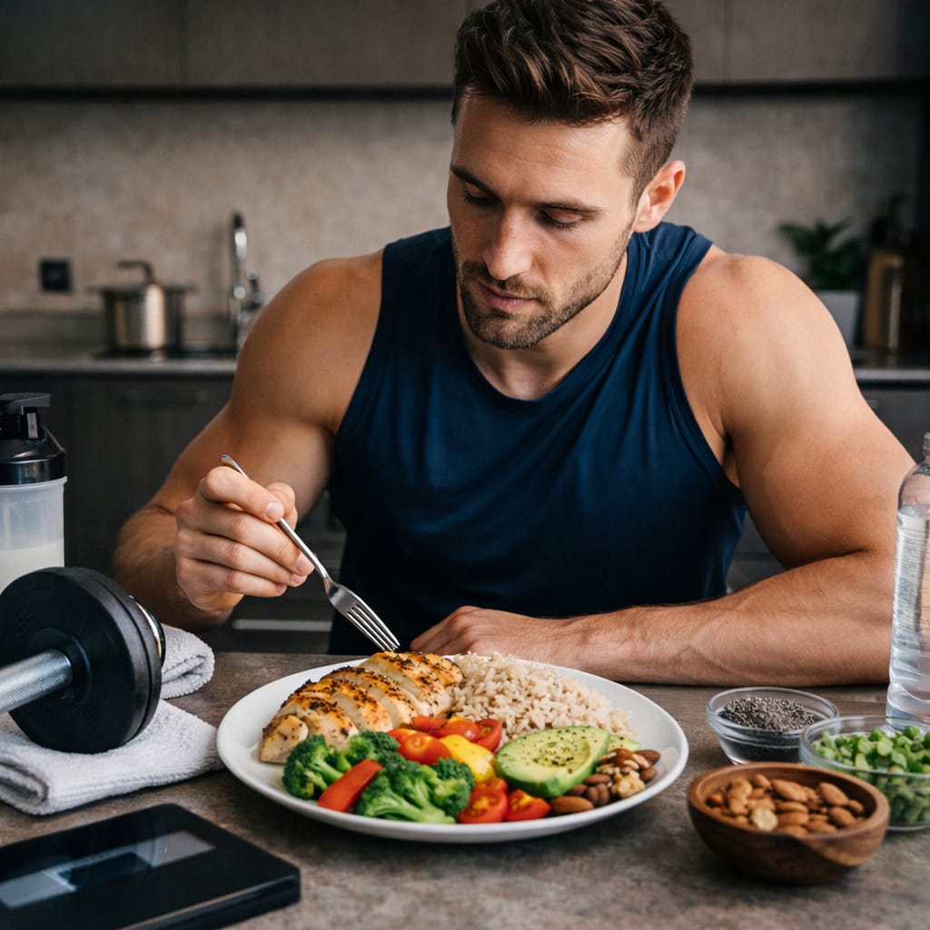 Apport calorique quotidien : perdre du poids sans perdre de muscle Photo réaliste d’un sportif en cuisine avec assiette équilibrée (protéines + féculents + légumes + bons lipides), style naturel, sans texte.