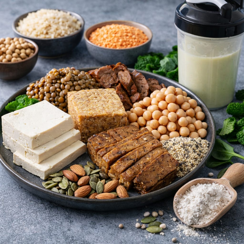 Les meilleures sources végétales de protéines pour le sport Assiette riche en protéines végétales pour sportif avec tofu tempeh légumineuses et céréales complètes