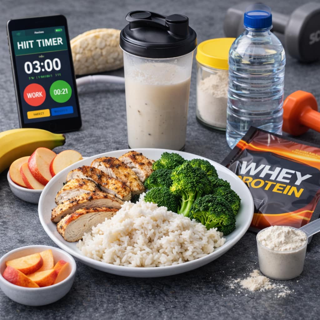 Nutrition HIIT : optimiser les pics d’effort et la récupération Collation et repas adaptés au HIIT avec glucides digestes, protéines et hydratation pour optimiser l’intensité et la récupération