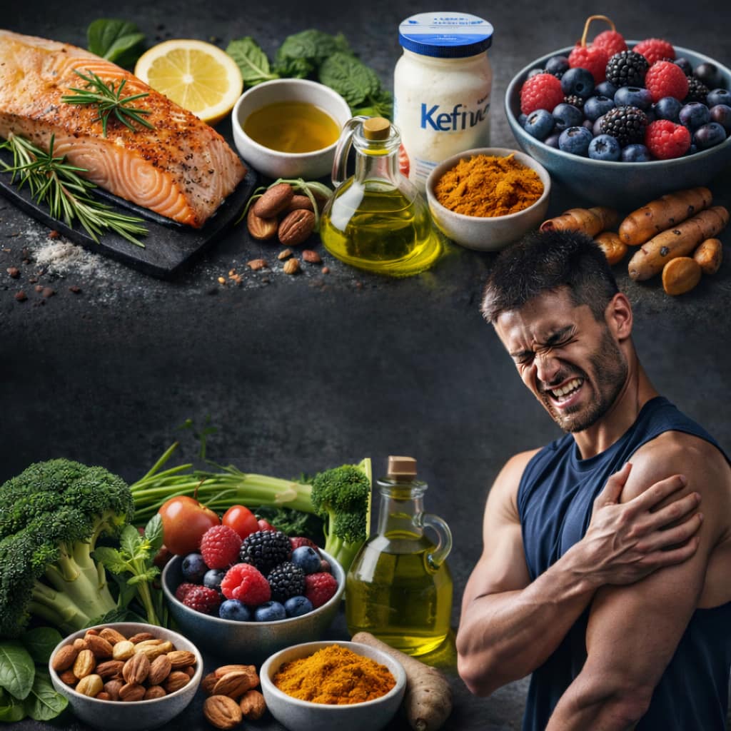 Les aliments anti-inflammatoires essentiels pour la récupération sportive Assiette anti-inflammatoire pour la récupération sportive avec poisson gras légumes verts fruits rouges huile d’olive épices et aliments fermentés