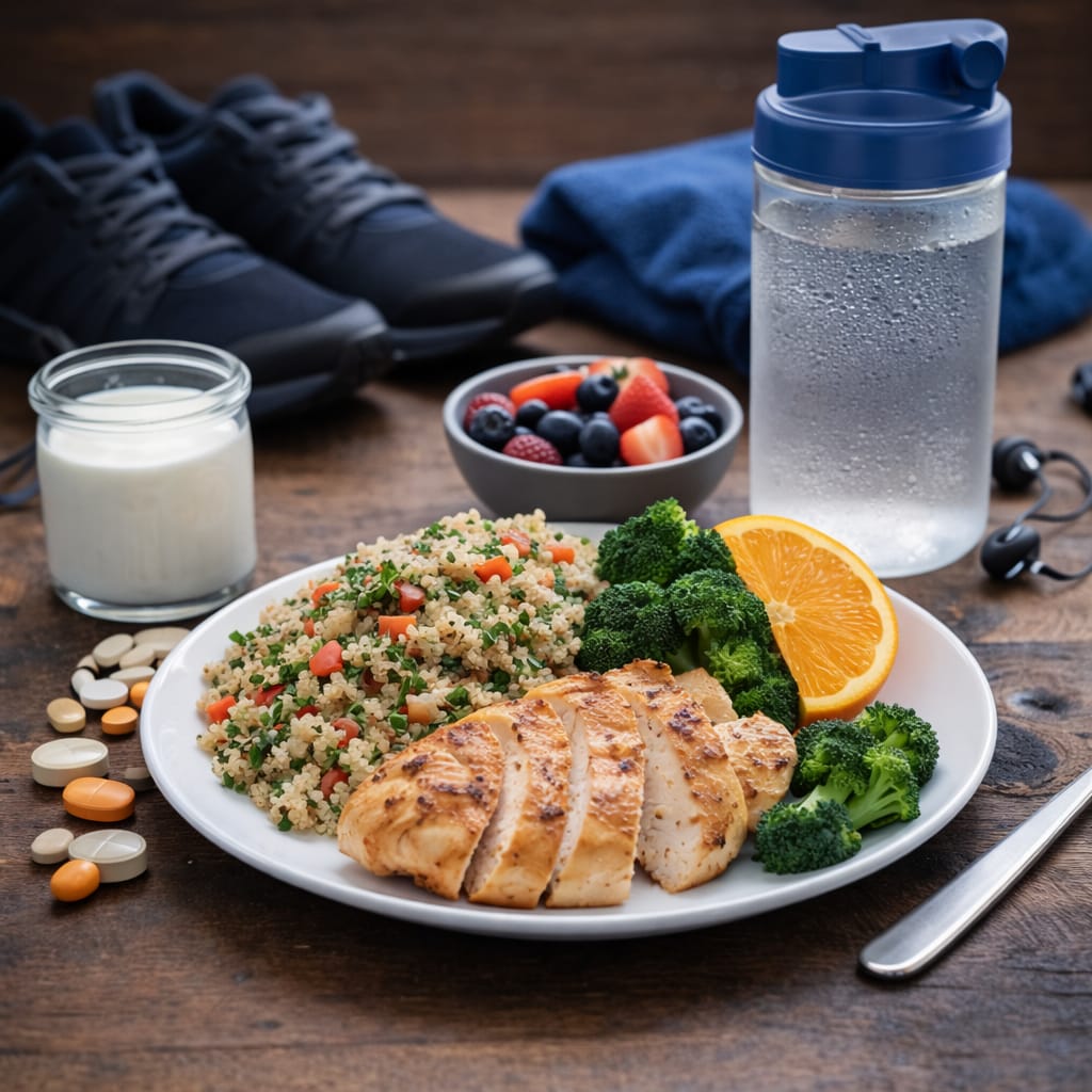 Sport et immunité : que manger pour éviter de tomber malade quand on s’entraîne beaucoup Assiette de récupération pour sportif avec féculents, protéines, fruits et yaourt, illustrant une alimentation qui soutient l’immunité pendant un entraînement intensif