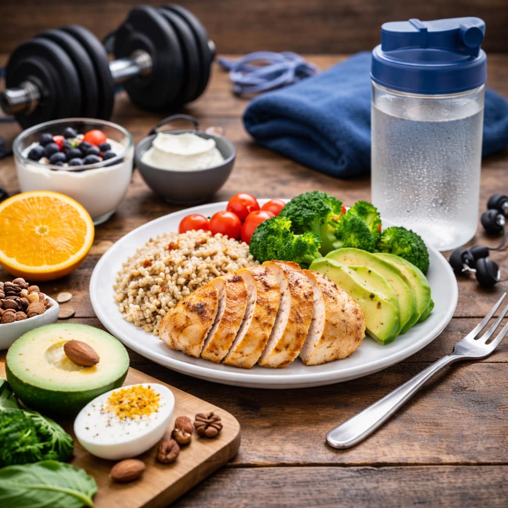 Alimentation du sportif débutant : par quoi commencer sans se compliquer la vie Assiette simple et équilibrée pour sportif débutant avec protéines, féculents, légumes et fruit, illustrant une alimentation facile à tenir au quotidien.