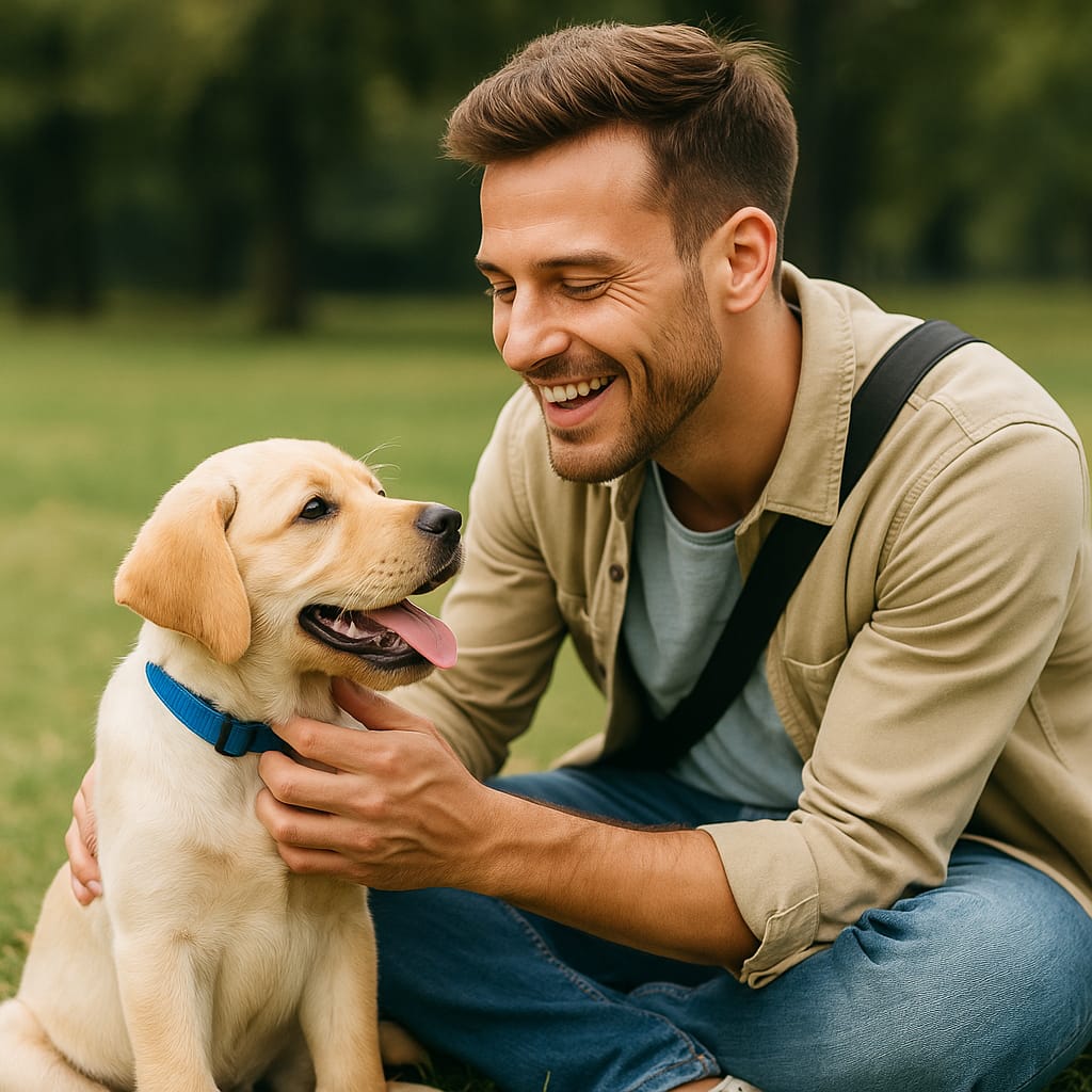 Les soins essentiels pour un chiot (vaccins, vermifuges, socialisation) chiot heureux avec son maître en extérieur (jeu ou caresse).