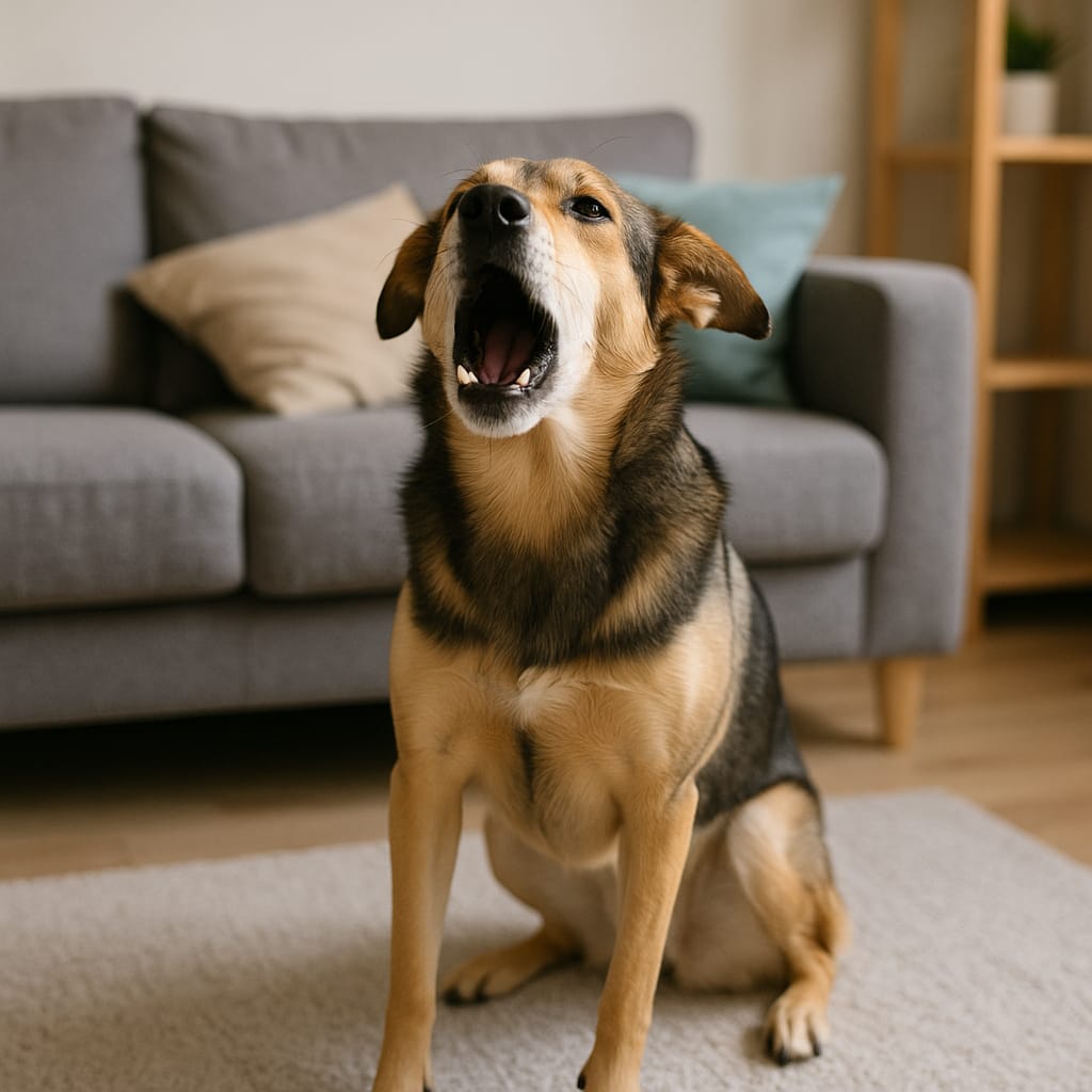 Comprendre le comportement canin : aboiements, anxiété, séparation chien assis dans un salon, aboyant ou montrant un langage corporel expressif.