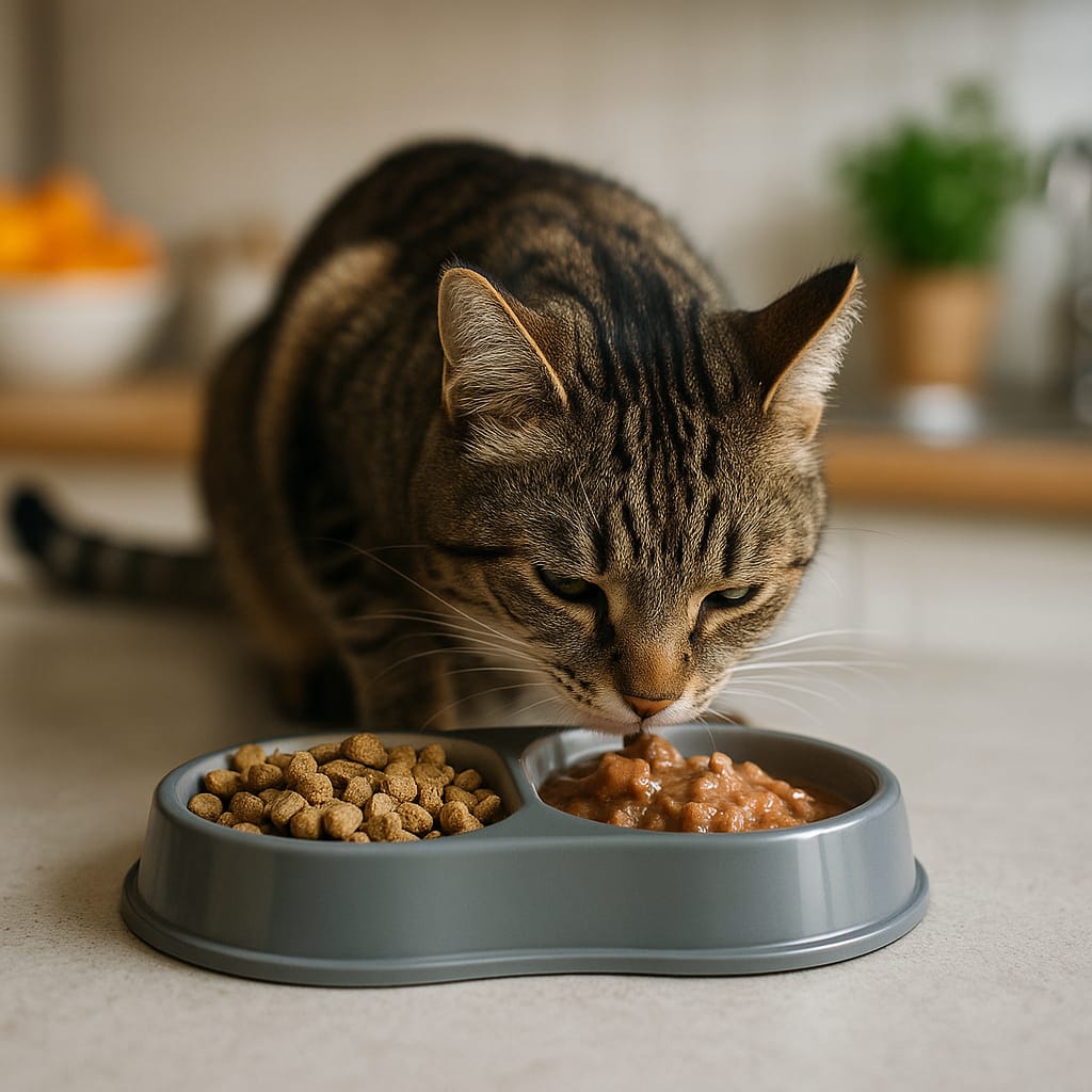 L’alimentation du chat : croquettes, pâtée, ration ménagère, BARF un chat dégustant une gamelle composée de croquettes et de pâtée, dans une cuisine moderne.
