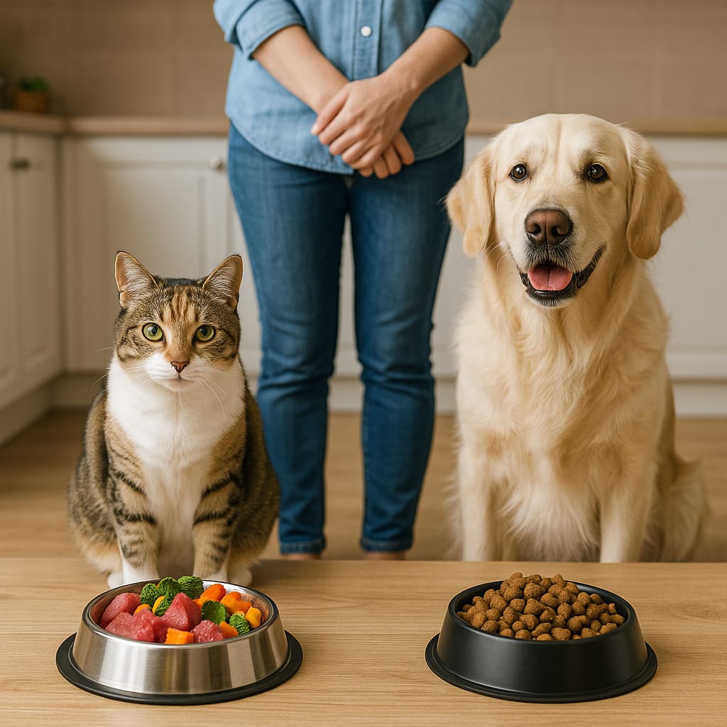 Régime BARF et rations ménagères : avantages, risques et comment trouver l’équilibre un chien et un chat devant deux gamelles, l’une remplie de viande crue et légumes, l’autre de croquettes, avec un maître qui observe.