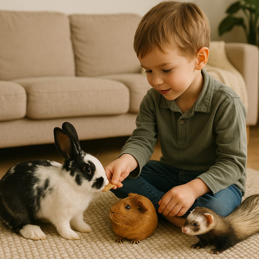 Socialisation des NAC (lapins, furets, etc.) : pourquoi et comment bien faire un enfant assis au sol donnant une friandise à un lapin et un cochon d’Inde, pendant qu’un furet curieux s’approche. Scène domestique chaleureuse, ambiance naturelle.