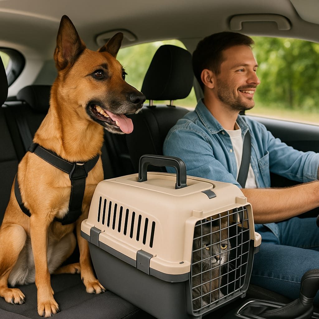 Accessoires indispensables pour voyager avec son animal en toute sécurité un chien attaché avec un harnais sur la banquette arrière d’une voiture, une caisse de transport avec un chat à l’arrière, et le maître souriant au volant.