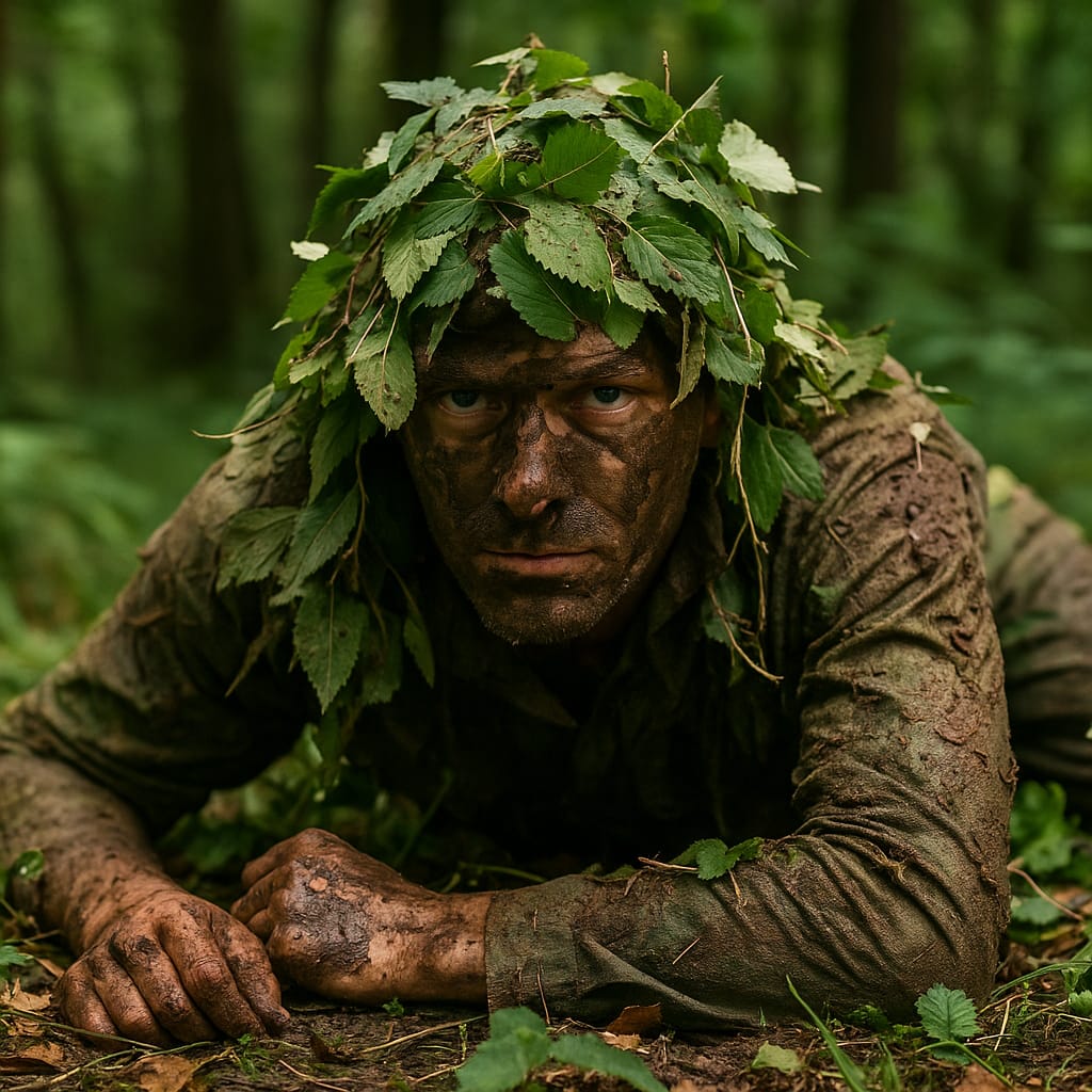 Techniques de camouflage en forêt pour rester invisible une personne recouverte de boue et feuillage, dissimulée en forêt