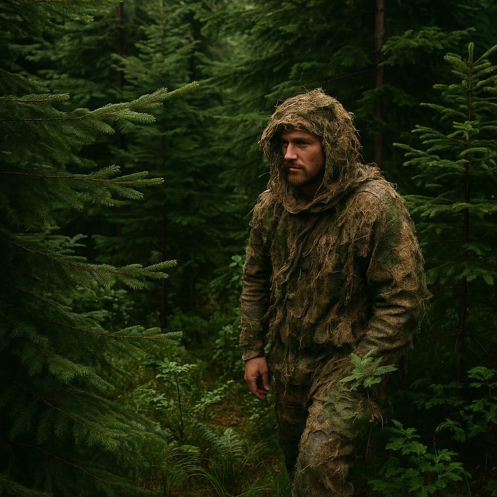 Techniques de camouflage en forêt pour rester invisible une personne recouverte de boue et feuillage, dissimulée en forêt