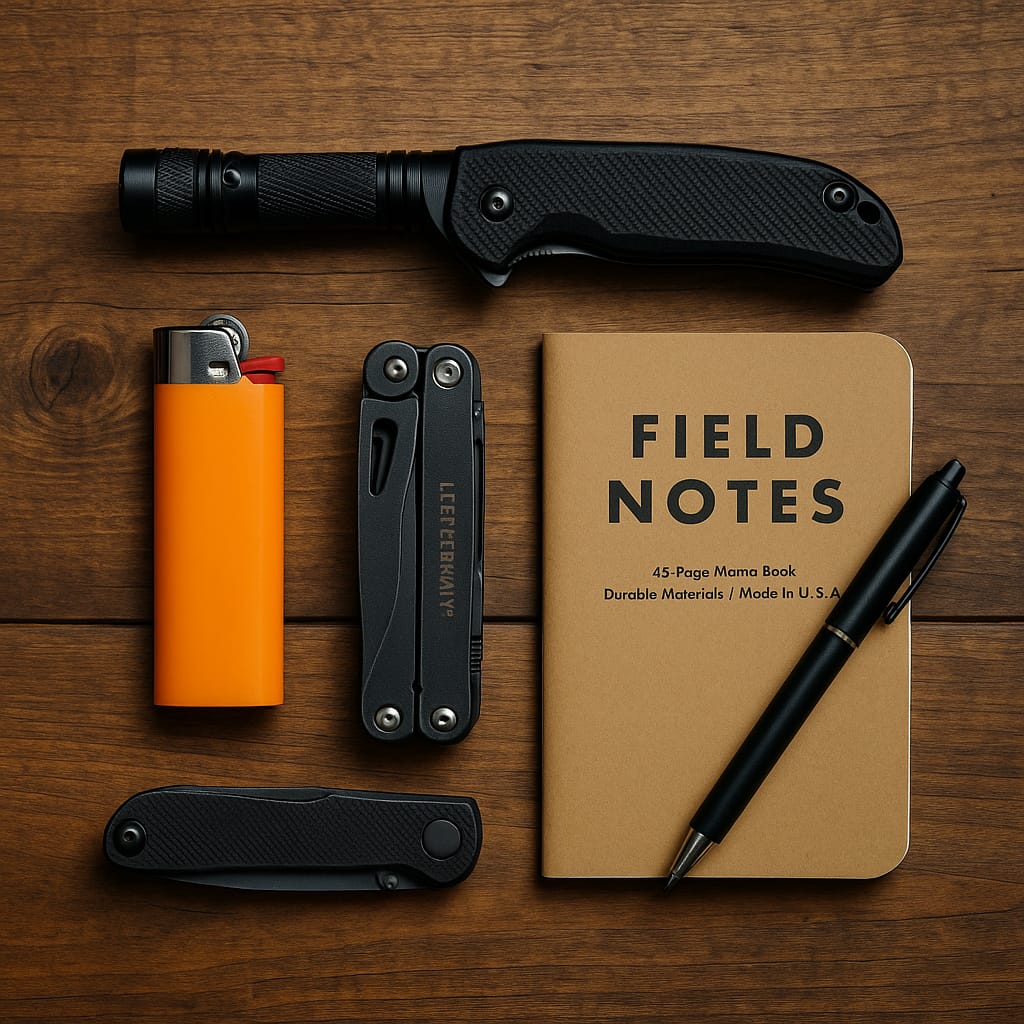 Qu’est-ce qu’un EDC (Every Day Carry) et comment le construire ? un petit ensemble d’objets EDC (couteau pliant, lampe compacte, briquet, multitool, carnet) disposés sur une table en bois