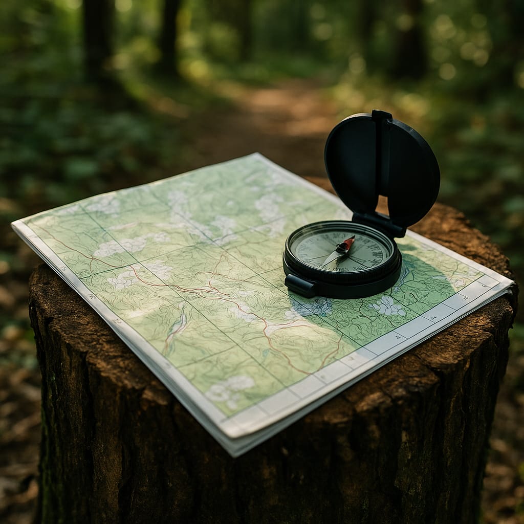 Accueil une carte topographique et une boussole posées sur une souche en forêt