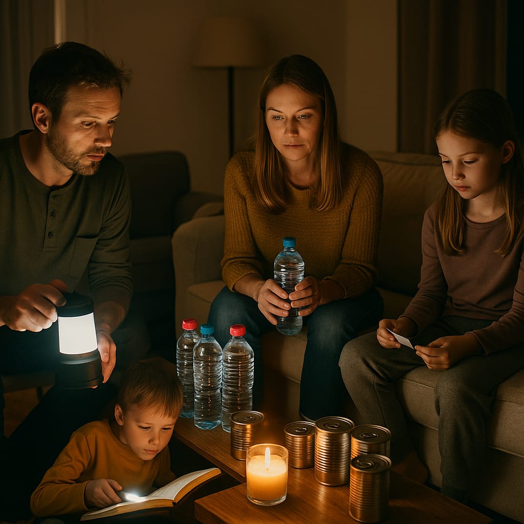 Que faire si vous êtes pris au piège chez vous sans électricité ni eau ? une famille rassemblée dans une pièce éclairée par des lampes de fortune, avec des bouteilles d’eau et des conserves visibles.