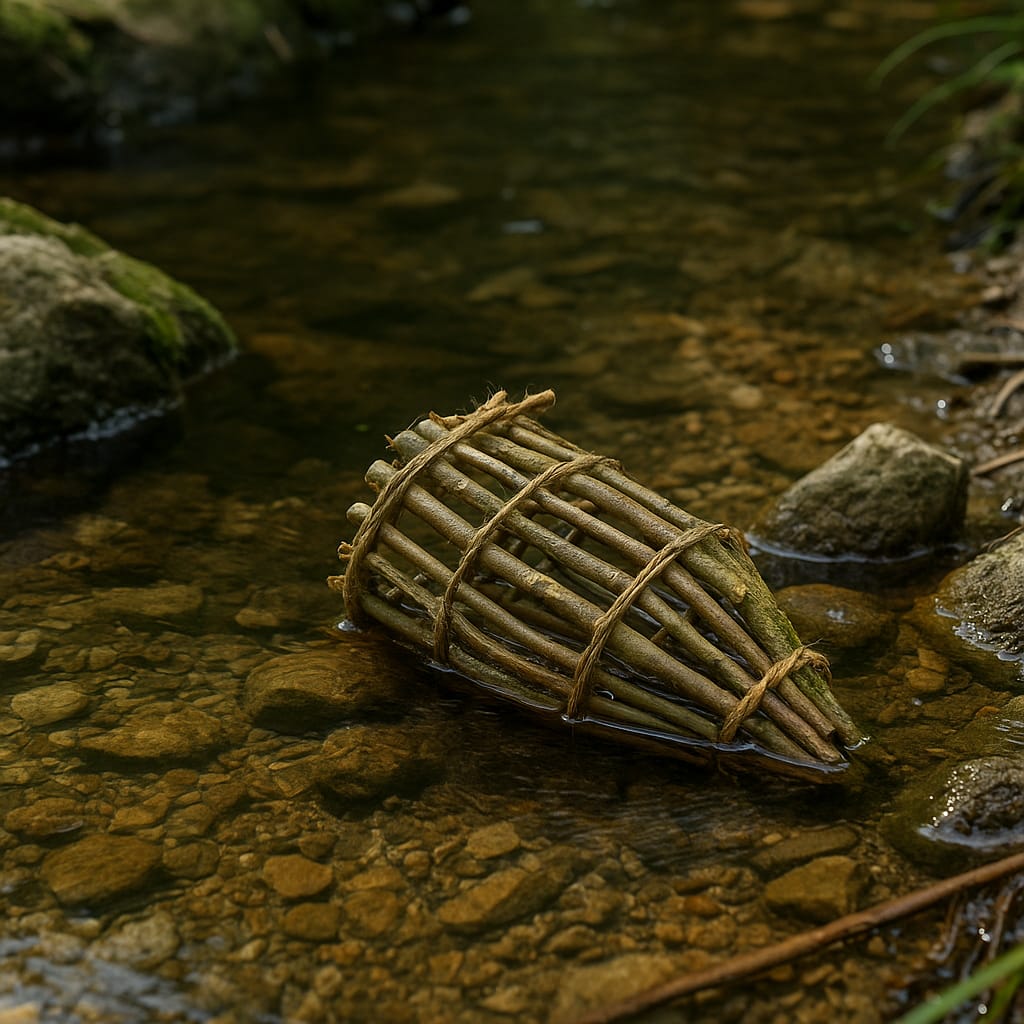 Techniques de pêche de survie sans canne ni hameçon une nasse artisanale en branches souples installée dans un ruisseau clair, fixée avec des pierres, intégrée au décor forestier.