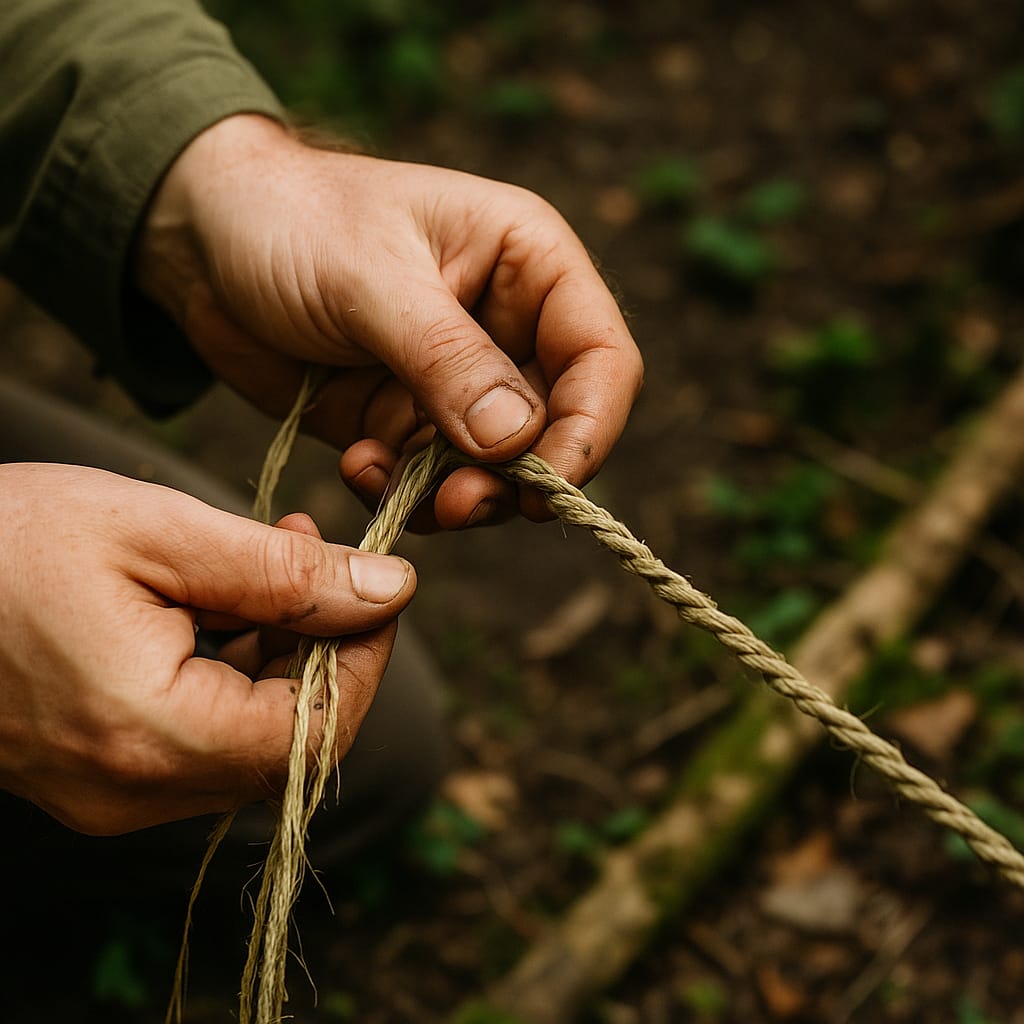Comment fabriquer une corde naturelle en pleine nature gros plan sur des mains en train de torsader des fibres végétales (ortie ou écorce) pour fabriquer une corde en pleine nature.