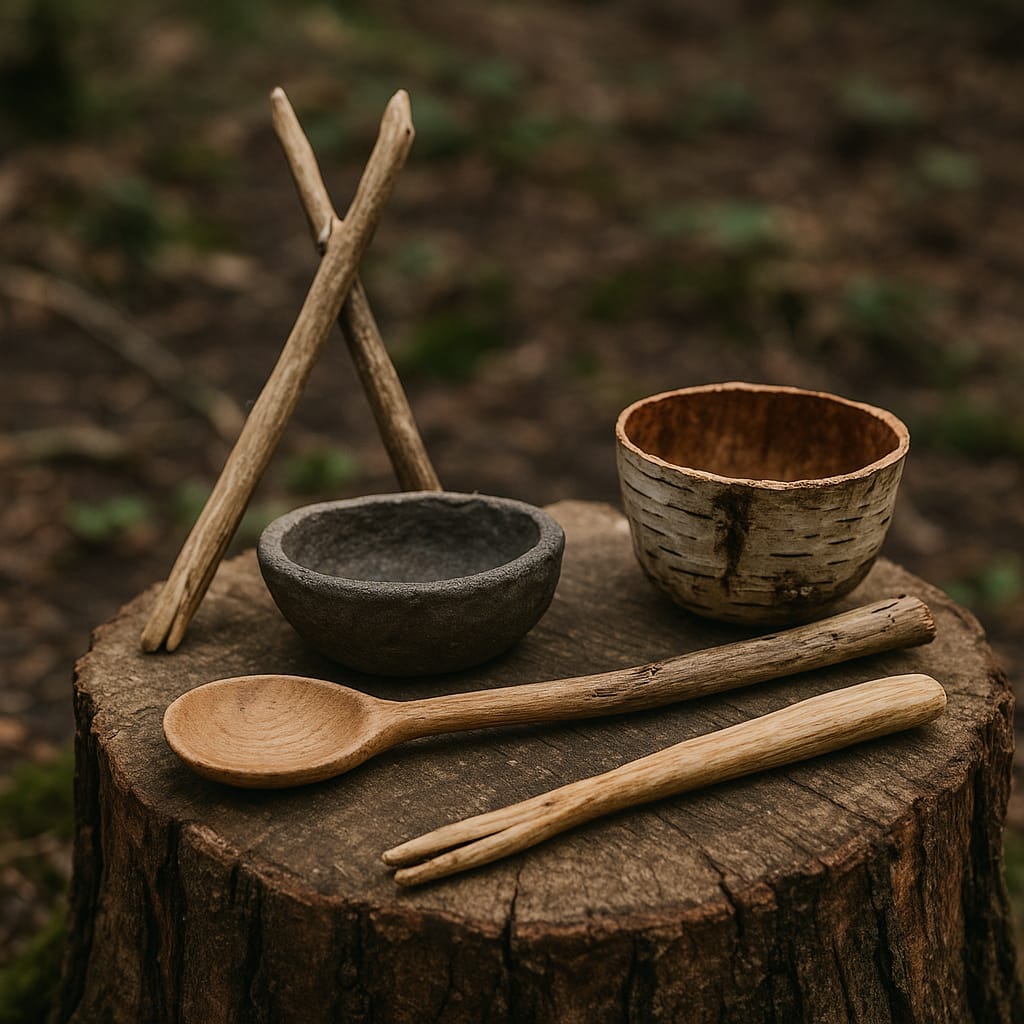 Fabriquer des ustensiles de cuisine improvisés en forêt plusieurs ustensiles improvisés posés sur une souche en forêt : cuillère taillée dans une branche, bol en écorce, pince en bois, et pierre creuse utilisée comme récipient. L’image évoque à la fois rusticité, ingéniosité et autonomie.