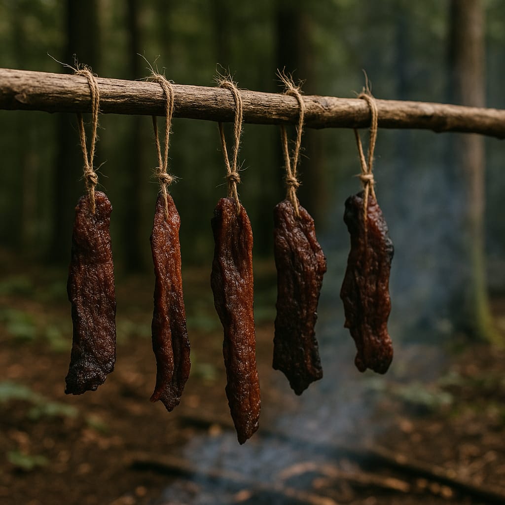 Comment conserver la nourriture sans frigo : techniques ancestrales à redécouvrir Viande séchée et fumée suspendue sur une corde en forêt, méthode de conservation ancestrale sans frigo.