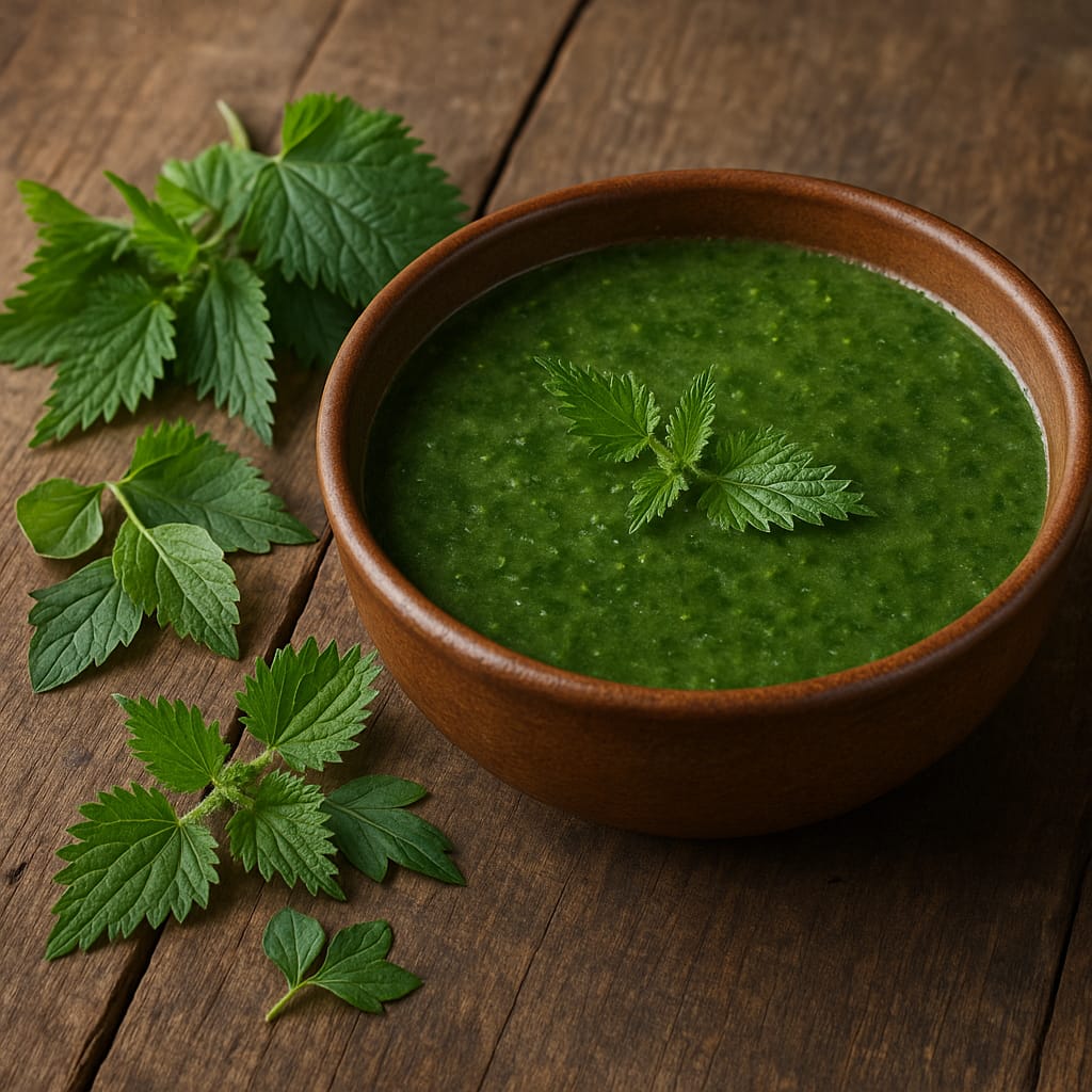 Cuisiner avec des plantes sauvages : 5 recettes simples et nourrissantes Soupe d’orties servie dans un bol rustique avec des plantes sauvages en garniture.