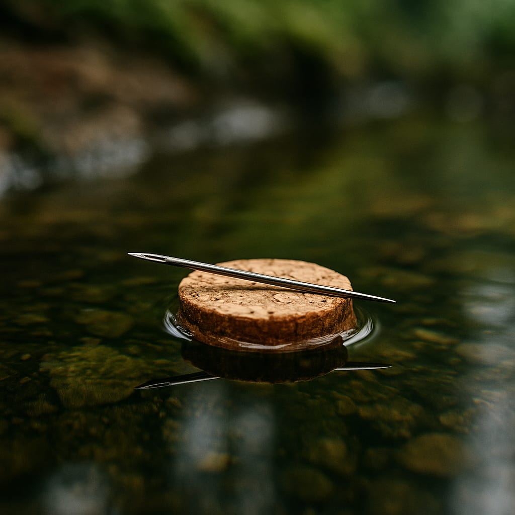 Comment improviser une boussole avec une aiguille et de l’eau Un récipient d’eau en pleine nature, avec un petit morceau de liège flottant dessus, et une aiguille posée dessus, s’alignant naturellement.