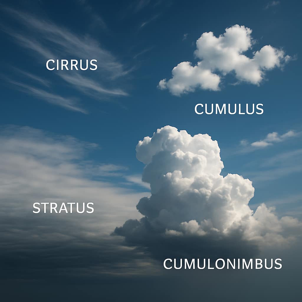 Lire le ciel : nuages, vent et météo sans application Ciel avec différents types de nuages visibles (cirrus, cumulus, cumulonimbus, stratus), style photo réaliste documentaire.