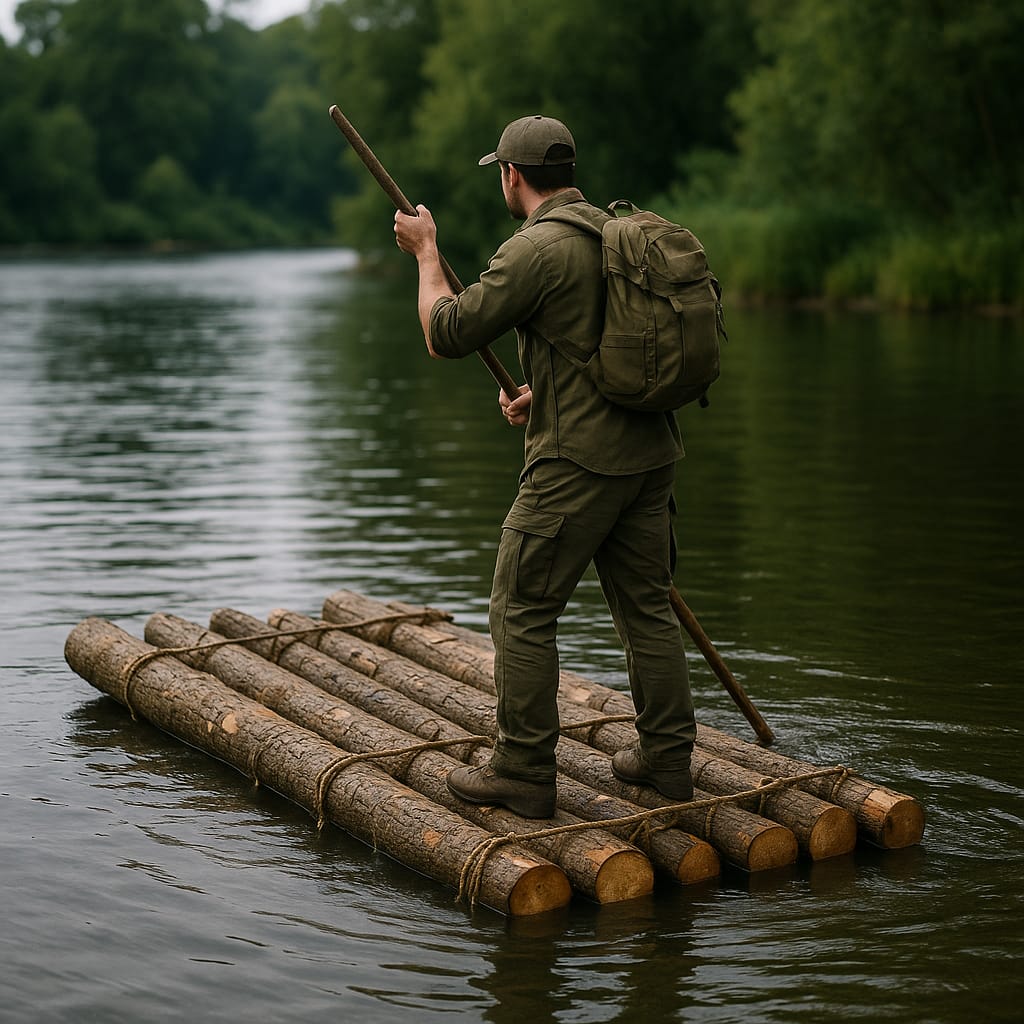 Construire un radeau de fortune pour traverser un plan d’eau Un radeau de fortune fait de troncs attachés avec des cordes, flottant sur un plan d’eau calme. Une personne est dessus avec une perche pour avancer. Style photo réaliste documentaire.