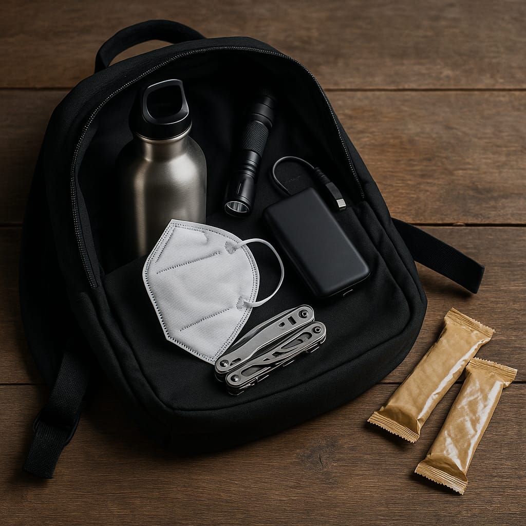 Kit de survie urbain (EDC discret pour la ville) Un sac à dos urbain sobre (type sac d’ordinateur), ouvert sur une table, laissant voir un kit EDC discret : petite gourde, lampe, multitool, batterie externe, masque, barres énergétiques. Style photo réaliste documentaire, lumière naturelle.