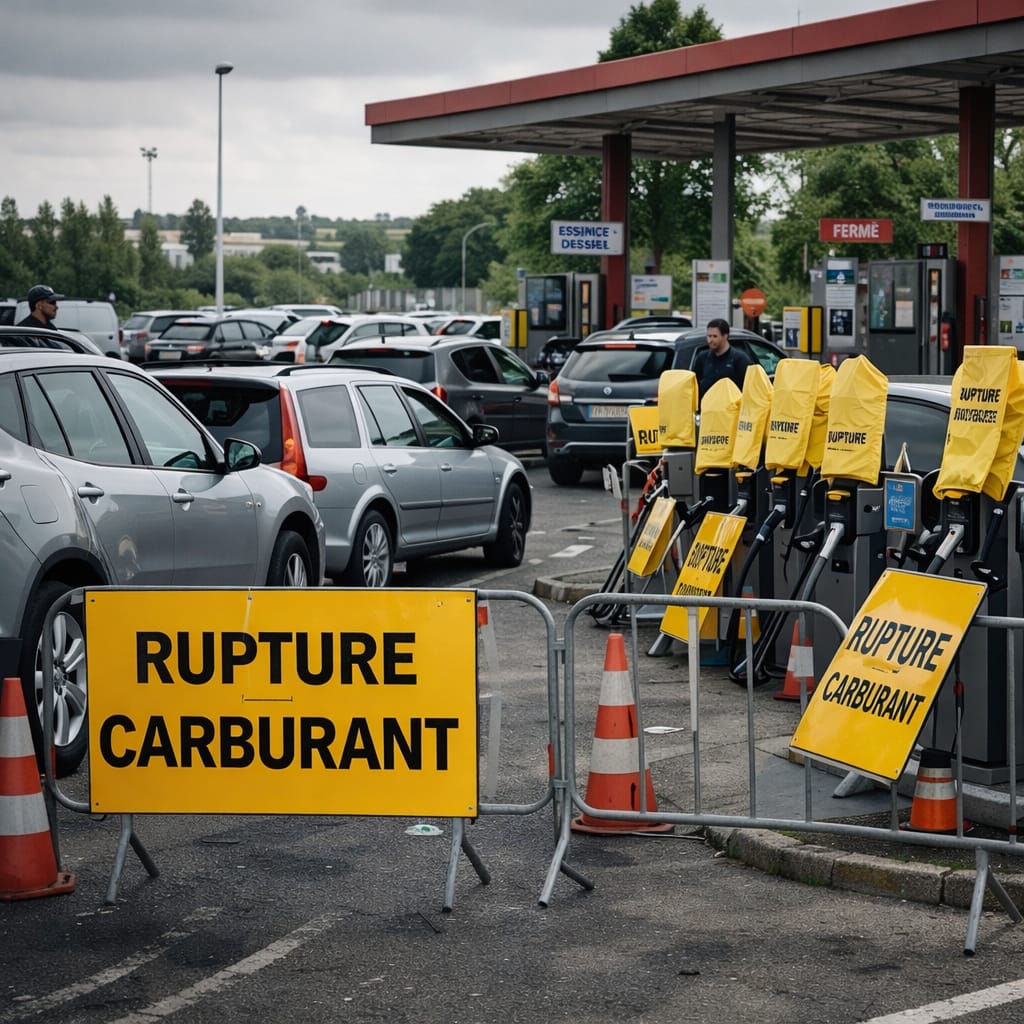 Pénurie de carburant : alternatives réelles pour se déplacer et s’organiser Scène réaliste de station-service fermée avec files d’attente et panneaux “rupture”.
