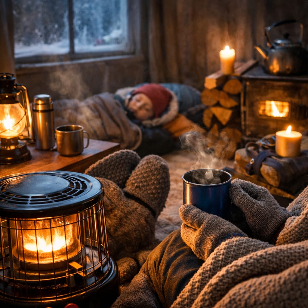 Se chauffer sans électricité en hiver : méthode pièce par pièce sans danger intérieur réaliste d’un salon en hiver, lumière naturelle faible, rideaux épais fermés, tapis au sol, canapé avec une couverture formant un “abri”, bouillotte et thermos sur une table basse, ambiance chaleureuse mais sobre, sans texte.
