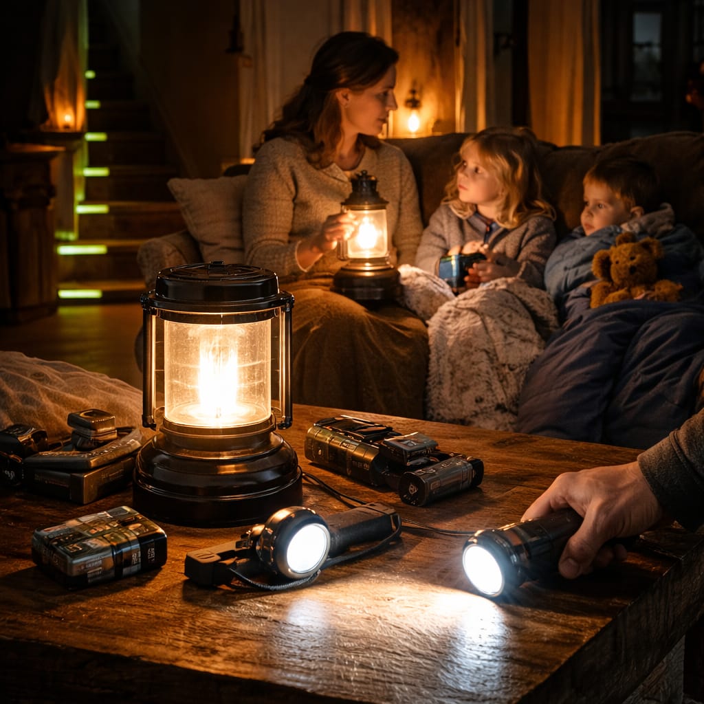 Éclairage sans courant : organiser une maison sûre en situation de blackout intérieur réaliste d’un salon en blackout, ambiance hivernale, une lanterne LED posée sur une table, lumière douce, une lampe frontale accrochée à un dossier de chaise, couloir en arrière-plan légèrement balisé, atmosphère sobre, sans texte.