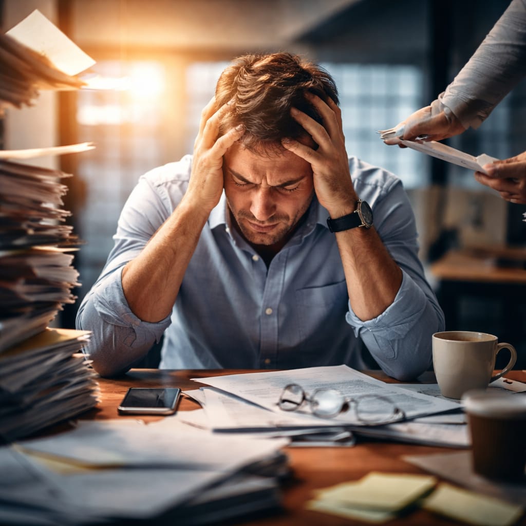 Montée de stress : les 7 signaux précoces qui prouvent que tu perds le contrôle (et quoi faire tout de suite) une scène réaliste de bureau ou cuisine, avec une personne assise, mains sur les tempes, écran ouvert et notifications (sans marque), lumière naturelle, ambiance tendue mais crédible.