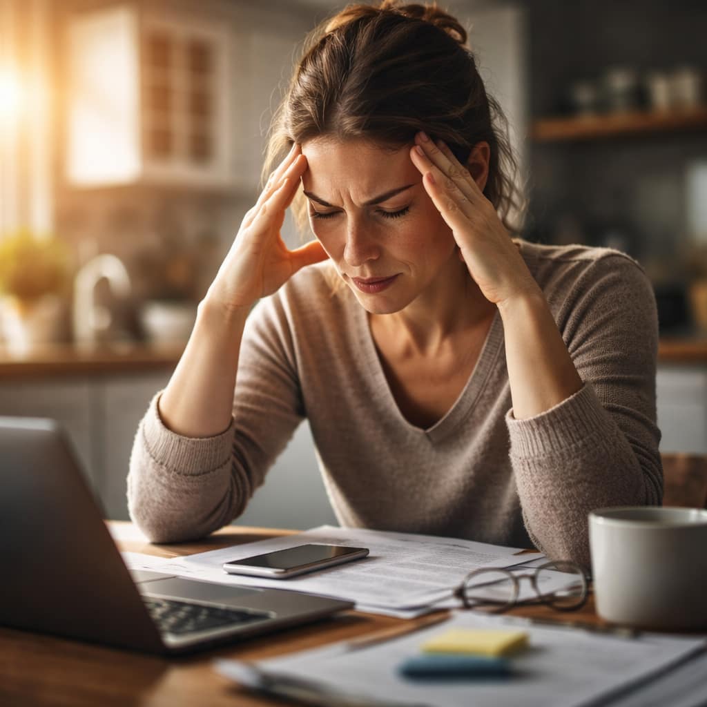 Crise de stress : protocole en 3 minutes pour redescendre sans “méditer” ni fuir scène réaliste quotidienne (bureau, cuisine, voiture à l’arrêt), personne en surcharge mais encore “présente” (main sur la nuque ou respiration visible), lumière naturelle, pas de caricature.