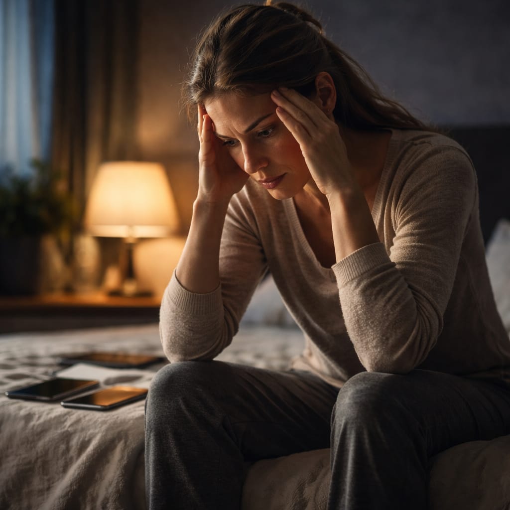 Rumination mentale : comment couper la boucle en 5 étapes (méthode simple, sans blabla) personne assise sur un lit dans une chambre sombre, regard fixe, téléphone à côté, lumière douce, ambiance “pensées qui tournent”, sans dramatisation.