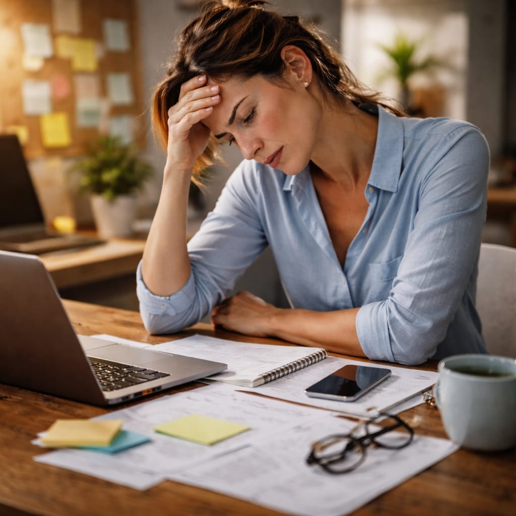 Fatigue décisionnelle : pourquoi tu n’arrives plus à trancher (et comment récupérer ta lucidité) personne assise à une table, ordinateur ouvert, liste de tâches, expression de saturation (main sur le front ou regard fixe), lumière naturelle, ambiance réaliste “trop de décisions”.