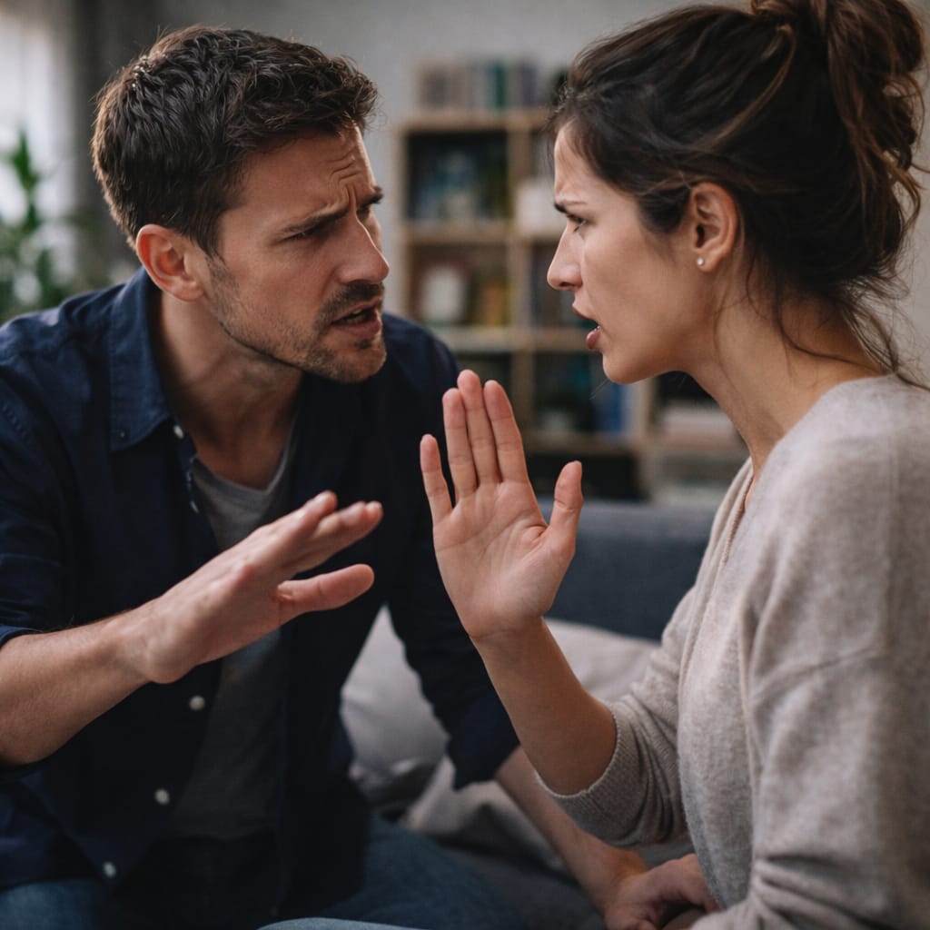 Désescalade : les phrases qui calment vs celles qui mettent le feu (guide concret) Scène réaliste : deux personnes en discussion tendue mais contrôlée (posture ouverte, distance respectée), ambiance bureau/cuisine, lumière naturelle, émotion visible mais pas dramatique.