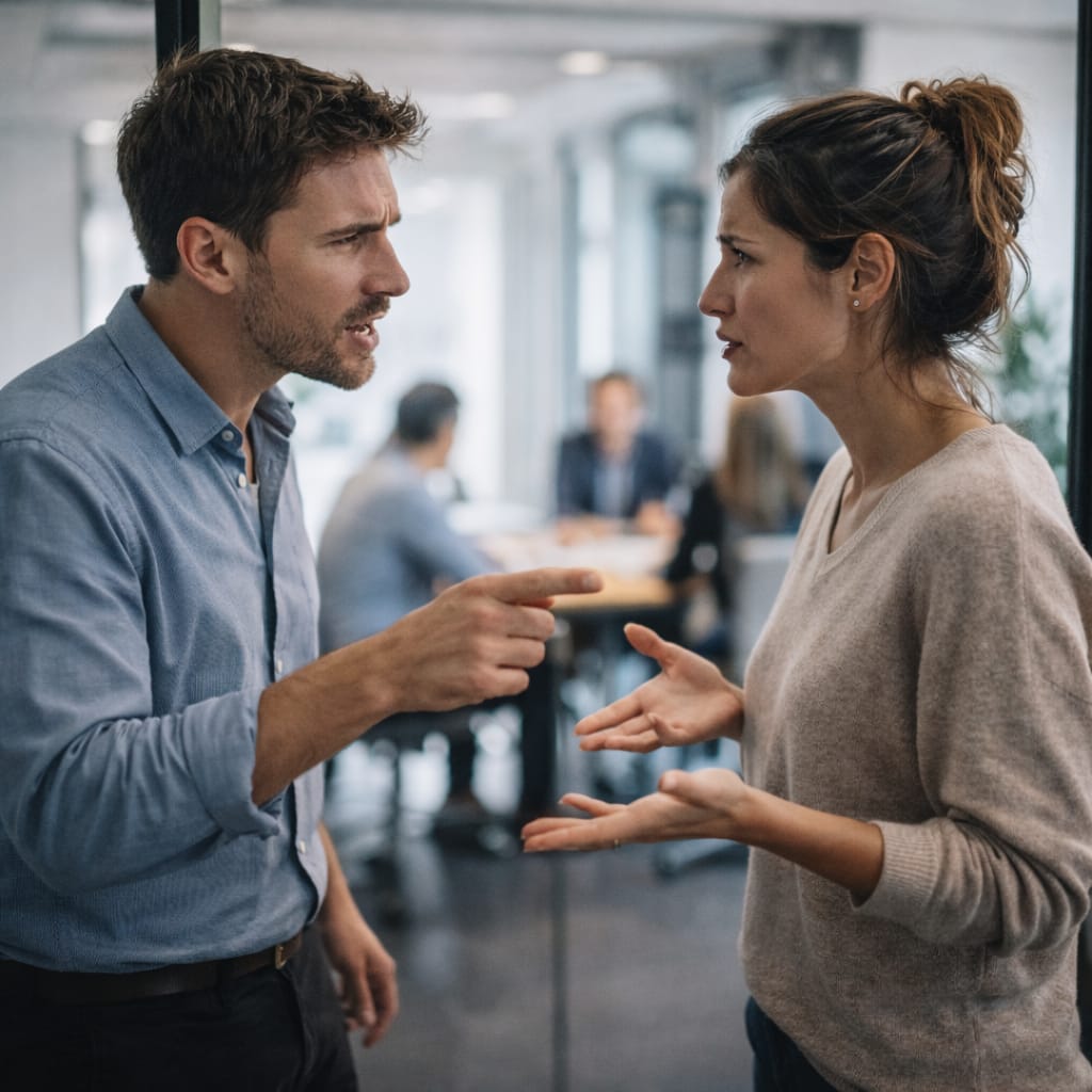 Conflit au travail : reprendre le contrôle sans s’écraser ni exploser (protocole en 5 étapes) Scène réaliste de bureau : deux collègues debout à côté d’une salle de réunion, discussion tendue mais contrôlée, posture ouverte, distance respectée, lumière naturelle, pas de dramatisation.