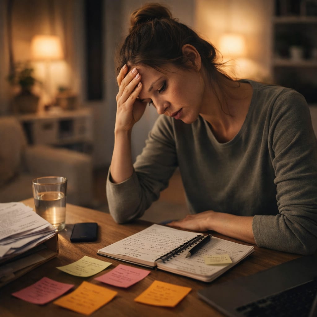 Surcharge mentale : la checklist pour identifier ce qui te vide (et ce que tu peux couper dès aujourd’hui) Scène réaliste : personne assise à une table avec carnet ouvert, un téléphone retourné (écran vers le bas), plusieurs post-it et une lumière douce. Expression fatiguée mais concentrée. Aucun texte sur l’image.