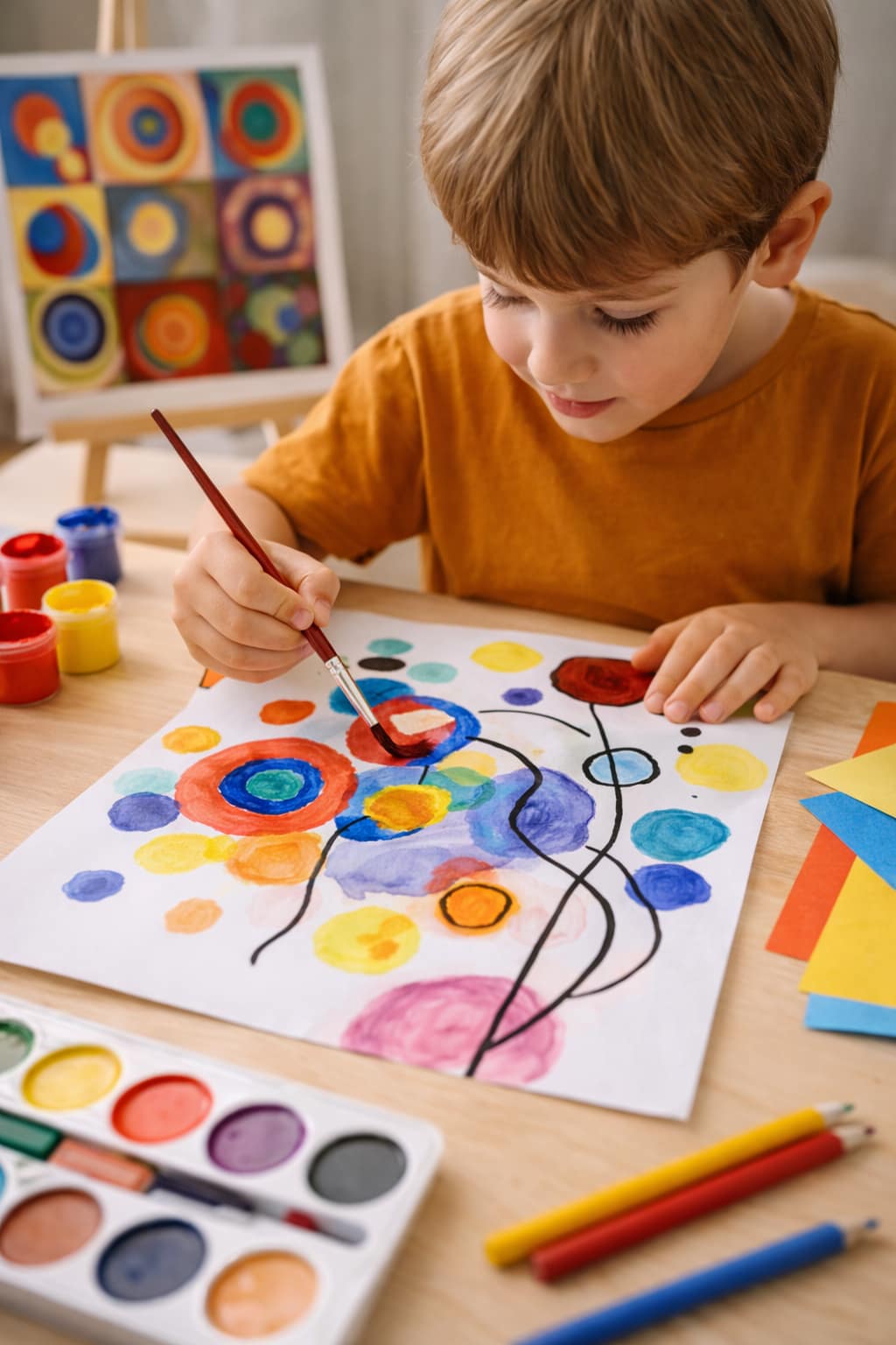 Activités d’art inspirées d’artistes célèbres : Kandinsky, Matisse, Mondrian… enfant réalise une activité artistique inspirée de Kandinsky avec formes et couleurs