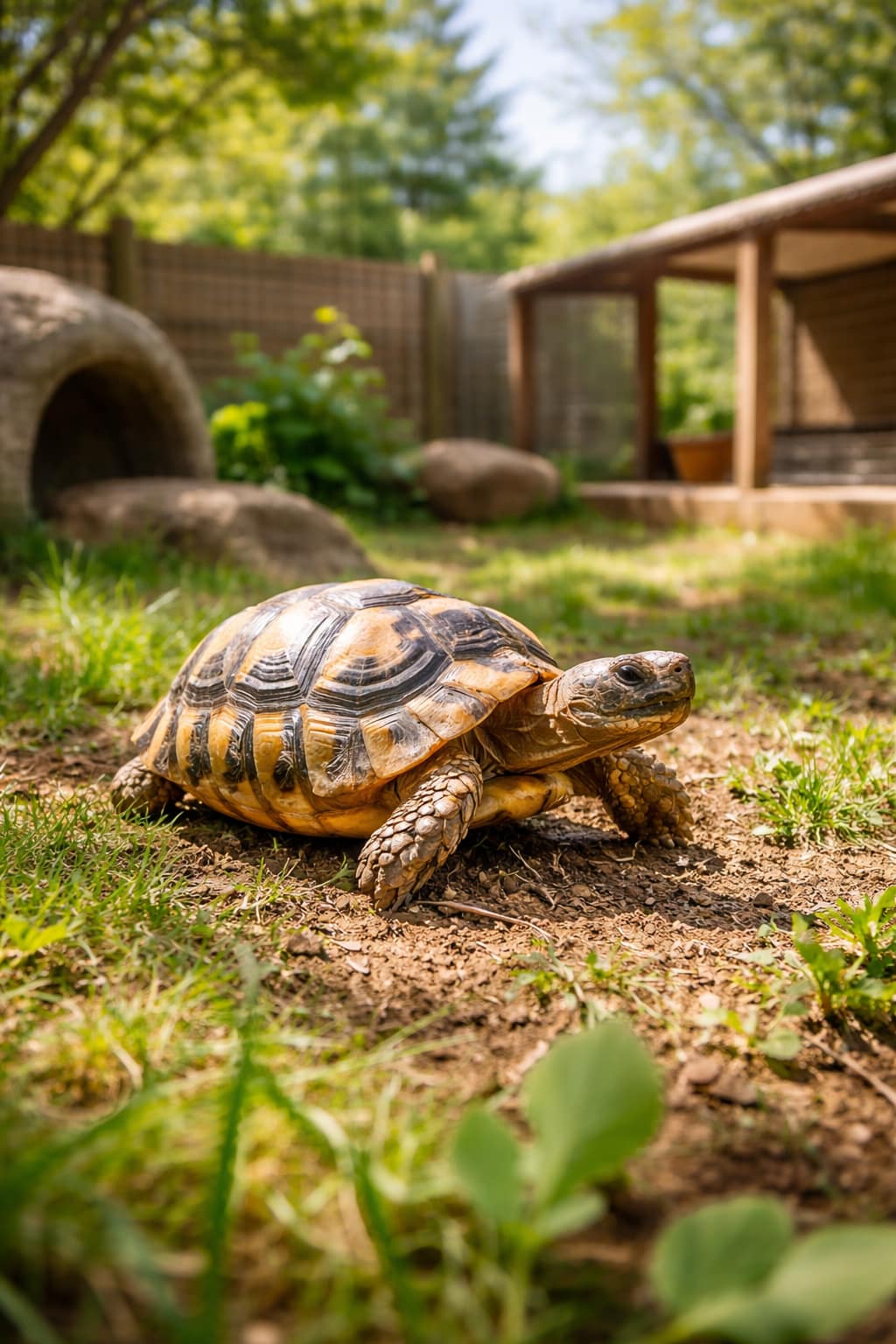 Tortues de compagnie : habitat adapté, alimentation, législation et contraintes réelles avant d’adopter tortue terrestre dans un enclos extérieur naturel, végétation basse, lumière naturelle, environnement sécurisé.