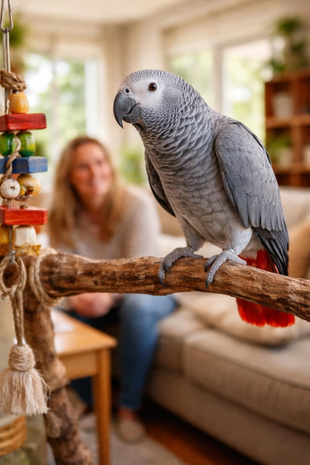 Perroquets et grandes perruches : besoins réels, socialisation et engagement à long terme Perroquet de compagnie dans un habitat intérieur enrichi avec perchoirs et jouets adaptés