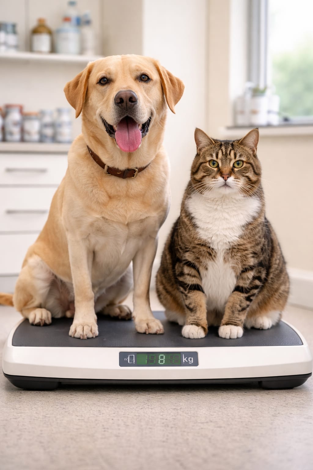 Comment détecter l’obésité chez le chien ou le chat avant qu’il ne soit trop tard chien et chat côte à côte sur une balance vétérinaire, ambiance neutre et réaliste.