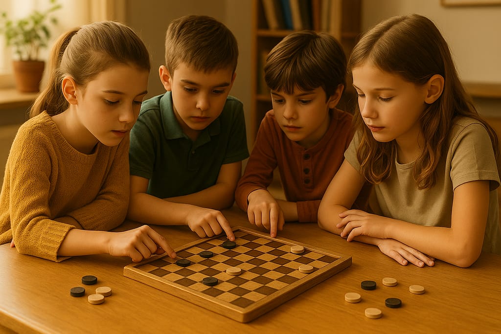 Jeux pour enfants de 9 à 11 ans : réflexion et stratégie Enfants de 10 ans concentrés autour d’un jeu de société stratégique en bois, dans une ambiance calme, naturelle et conviviale, à la maison ou en classe.