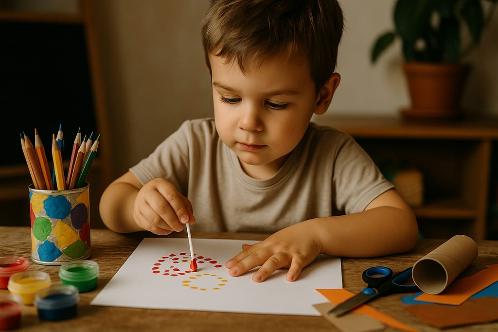 20 idées d’activités éducatives à faire à la maison (sans écran) Enfant réalisant une activité éducative à la maison, favorisant l’apprentissage ludique et la créativité sans écran.