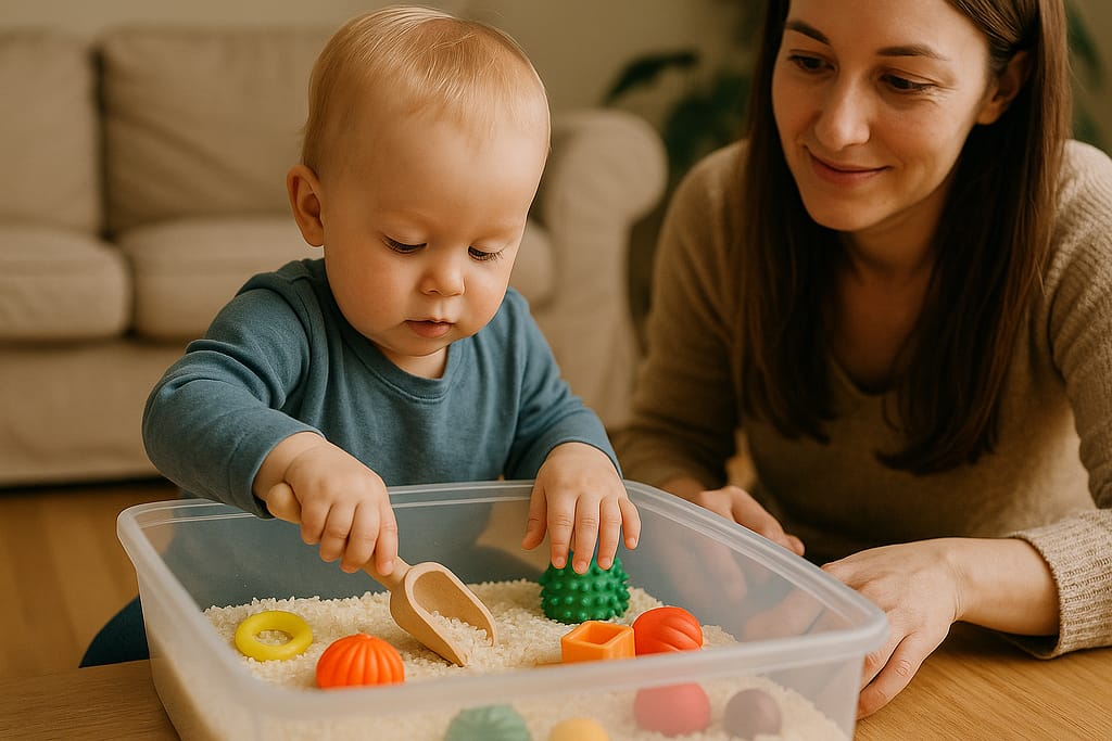 Jeux sensoriels pour les tout-petits : stimuler les sens Bébé concentré qui explore un bac sensoriel rempli de riz et d’objets colorés à la maison, sous le regard bienveillant d’un parent.