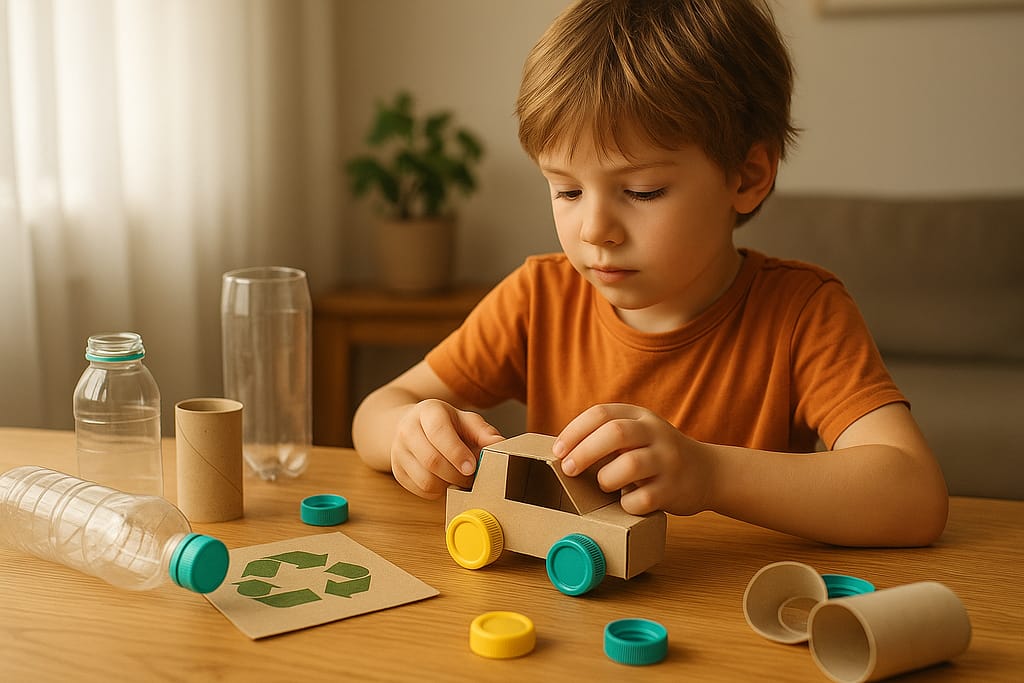 Activités éducatives avec matériaux recyclés : DIY enfants Enfant concentré qui fabrique un jouet en matériaux recyclés à la maison avec du carton, des bouteilles et des bouchons, dans un cadre lumineux et écologique.